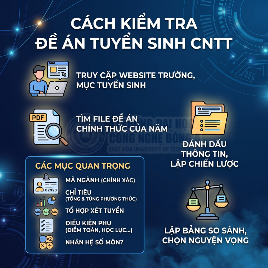 Hướng dẫn kiểm tra đề án tuyển sinh CNTT với các bước truy cập website, tìm file PDF, đánh dấu thông tin và lập chiến lược