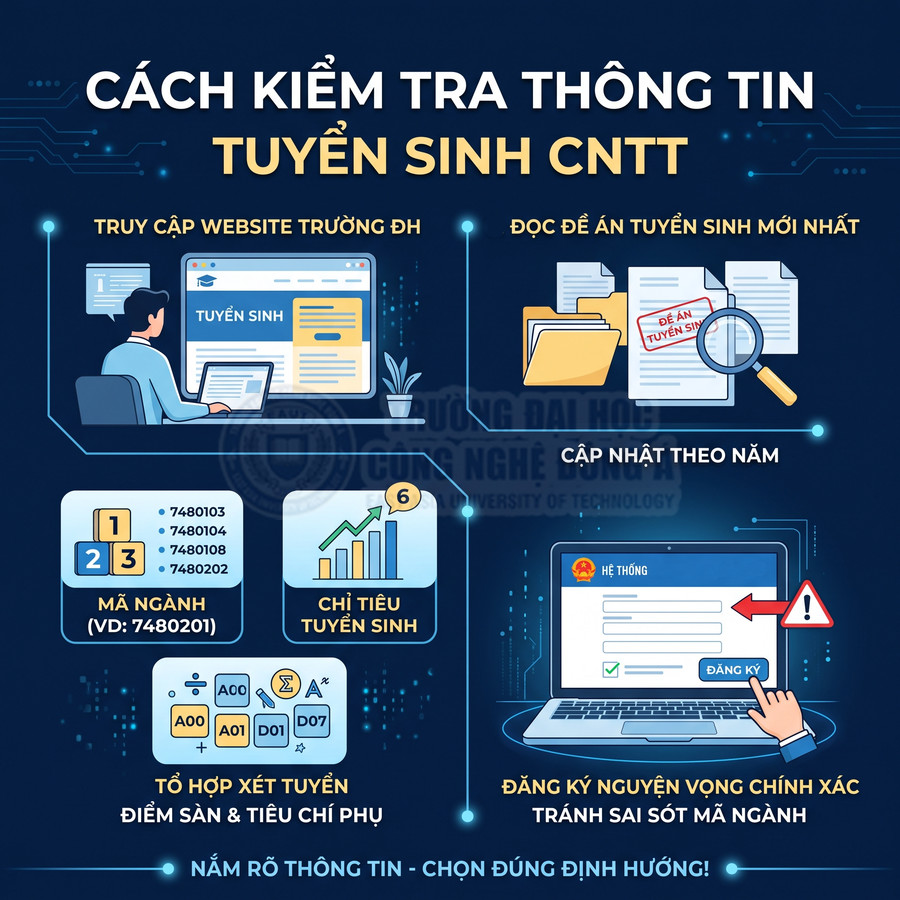 Hướng dẫn kiểm tra thông tin tuyển sinh ngành CNTT với website trường, mã ngành, chỉ tiêu và đăng ký nguyện vọng online