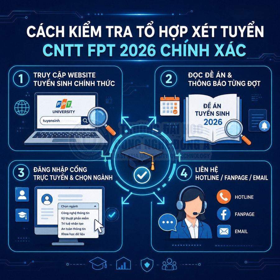Hướng dẫn kiểm tra tổ hợp xét tuyển CNTT FPT 2026 với các bước truy cập, chọn ngành và liên hệ tư vấn
