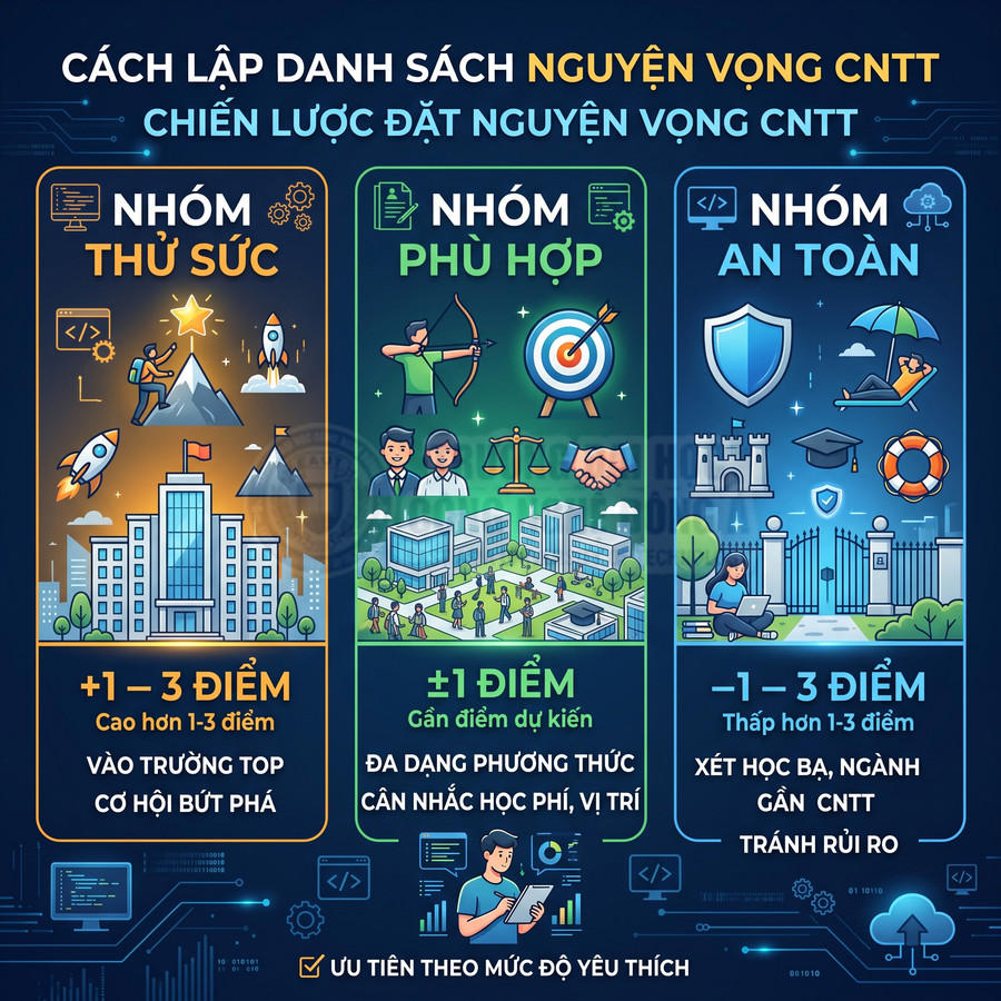 Infographic chiến lược chọn nguyện vọng ngành công nghệ thông tin với ba nhóm trường: thử sức, phù hợp, an toàn