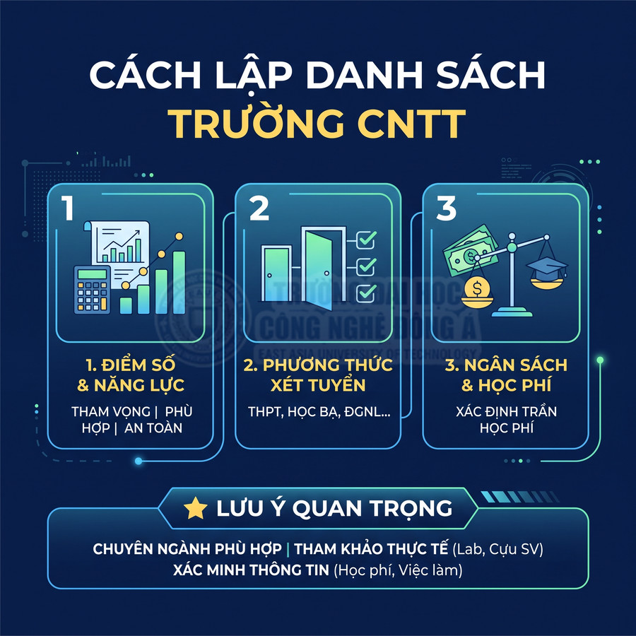 Hướng dẫn lập danh sách chọn trường công nghệ thông tin với tiêu chí điểm số, phương thức xét tuyển, học phí