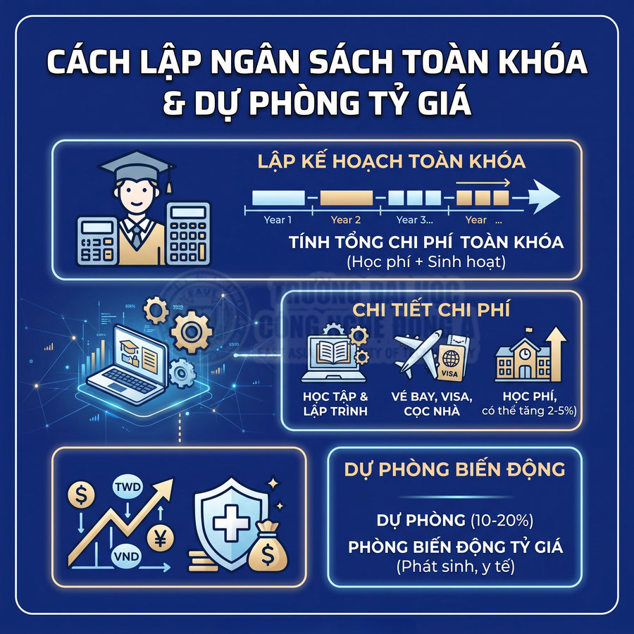 Infographic hướng dẫn lập ngân sách toàn khóa du học và dự phòng biến động tỷ giá, chi tiết các khoản chi phí chính
