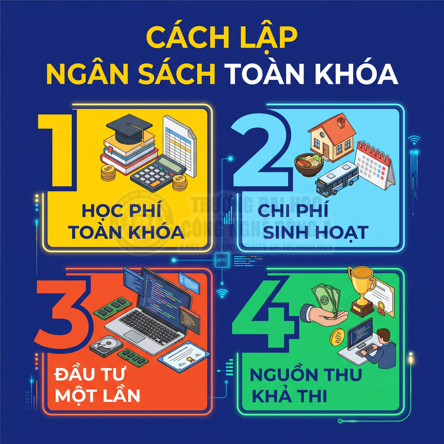 Cách lập ngân sách toàn khóa với 4 mục học phí, chi phí sinh hoạt, đầu tư một lần và nguồn thu khả thi