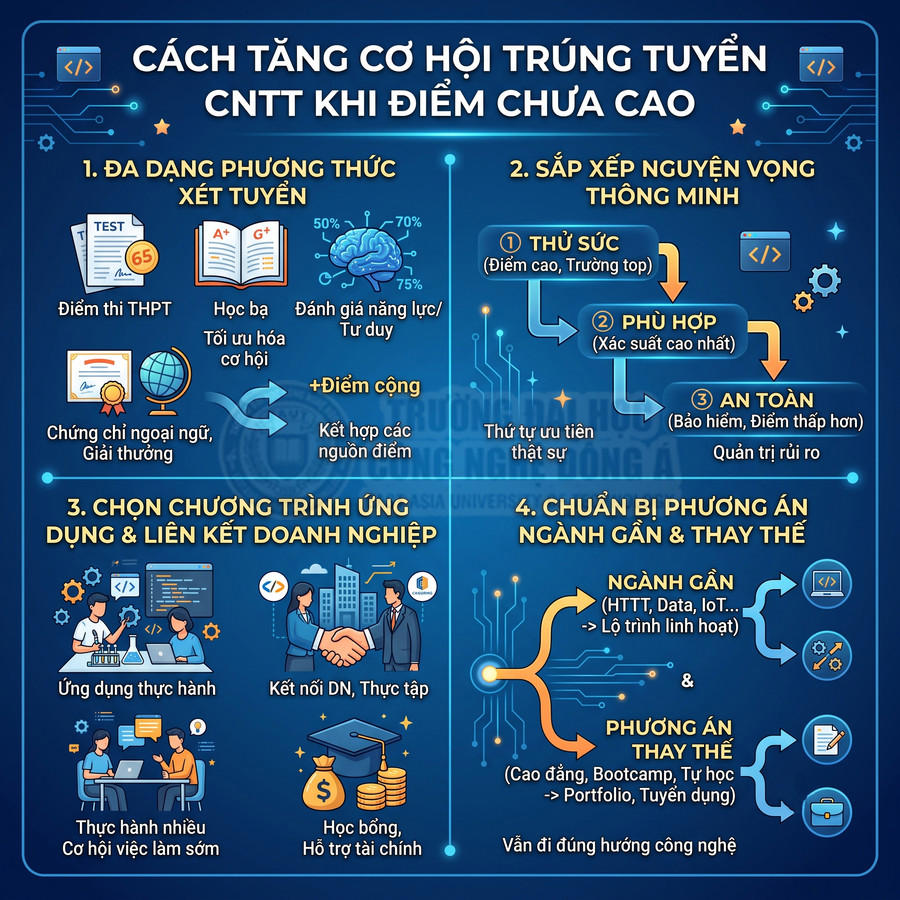 Infographic hướng dẫn tăng cơ hội trúng tuyển ngành CNTT khi điểm chưa cao với 4 nhóm giải pháp chính