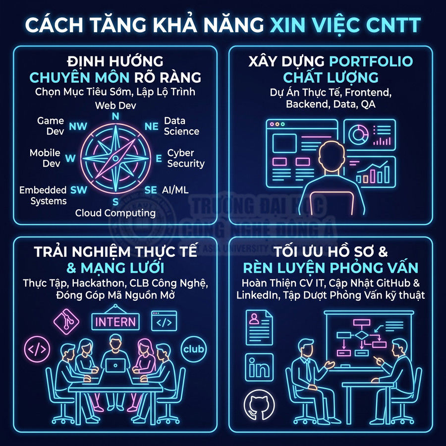 Infographic cách tăng khả năng xin việc ngành CNTT với định hướng chuyên môn, portfolio, trải nghiệm thực tế và luyện phỏng vấn