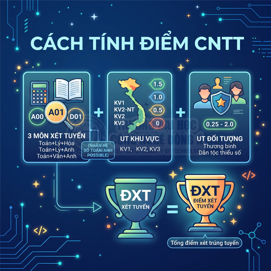 Infographic hướng dẫn cách tính điểm xét tuyển ngành CNTT theo tổ hợp môn, ưu tiên khu vực và đối tượng