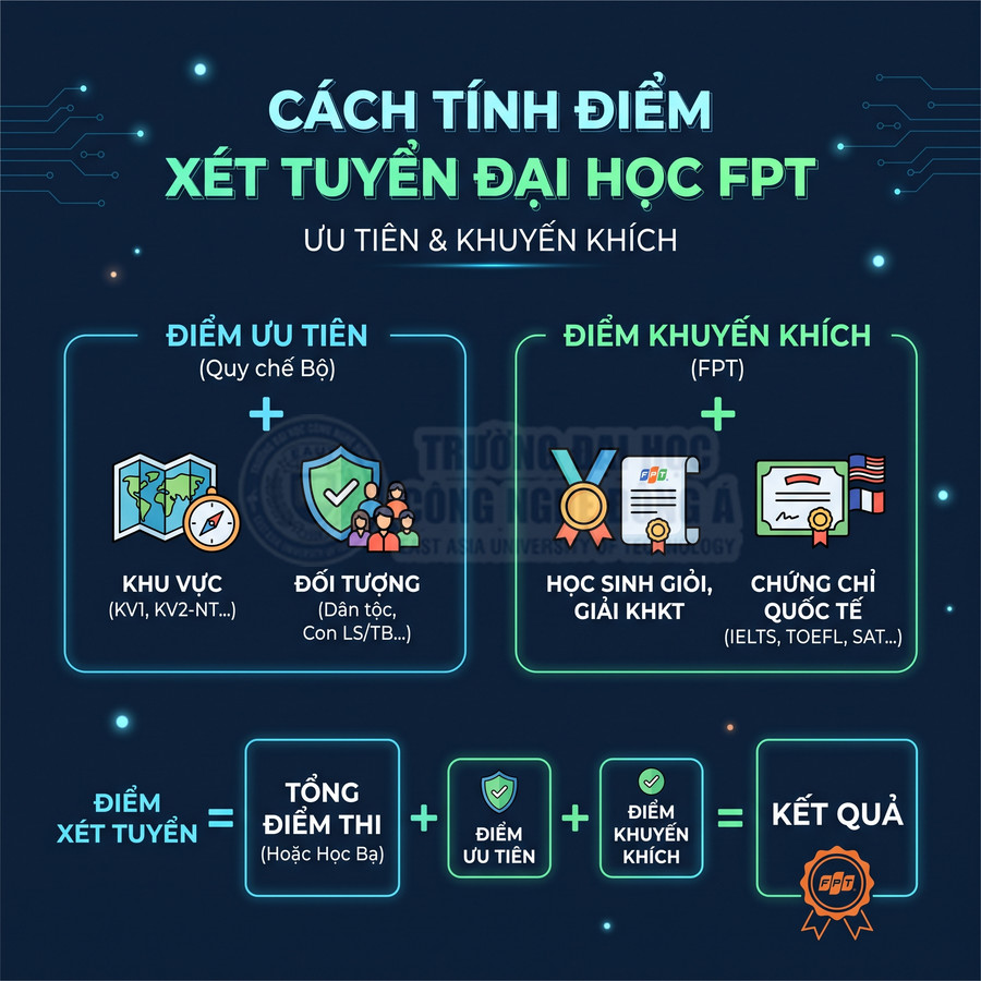 Cách tính điểm xét tuyển đại học FPT với điểm ưu tiên, điểm khuyến khích và tổng điểm thi