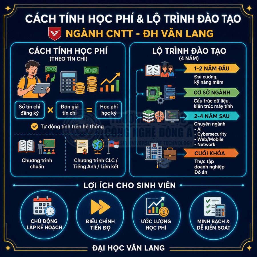 Infographic cách tính học phí và lộ trình đào tạo ngành CNTT 4 năm tại Đại học Văn Lang