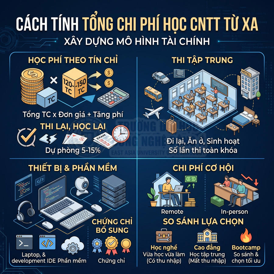 Infographic cách tính tổng chi phí học CNTT từ xa gồm học phí, thi lại, thiết bị, chứng chỉ và chi phí cơ hội