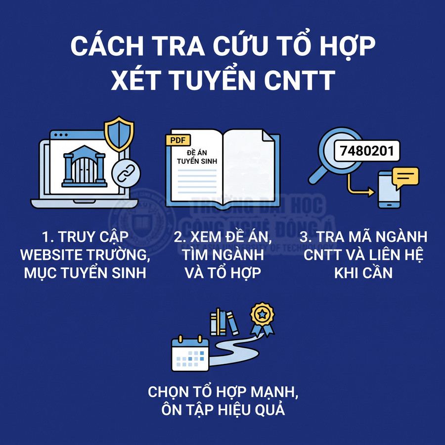 Hướng dẫn tra cứu tổ hợp xét tuyển ngành công nghệ thông tin với các bước chi tiết và minh họa icon
