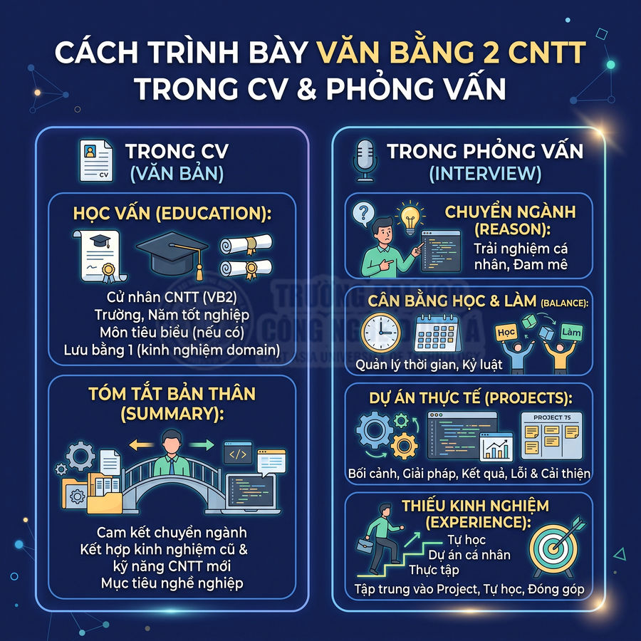 Hướng dẫn trình bày văn bằng 2 CNTT trong CV và phỏng vấn với các mục học vấn, tóm tắt bản thân, dự án, kinh nghiệm