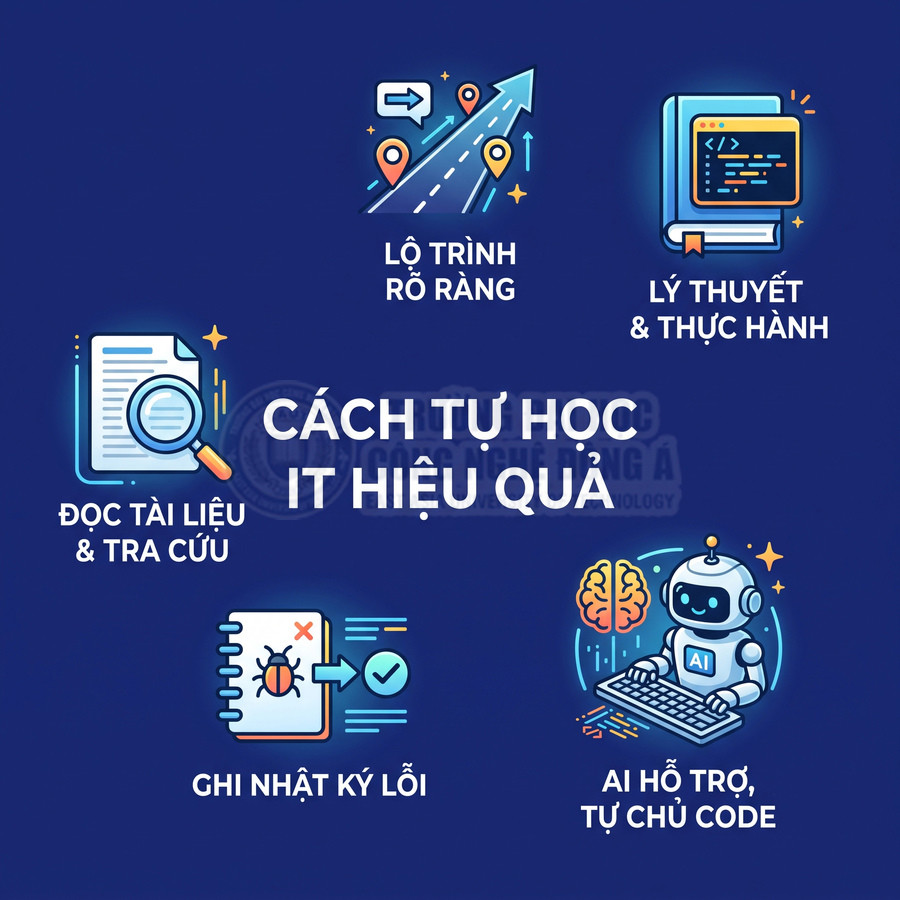 Cách tự học IT hiệu quả với lộ trình rõ ràng, đọc tài liệu, ghi nhật ký lỗi và dùng AI hỗ trợ code