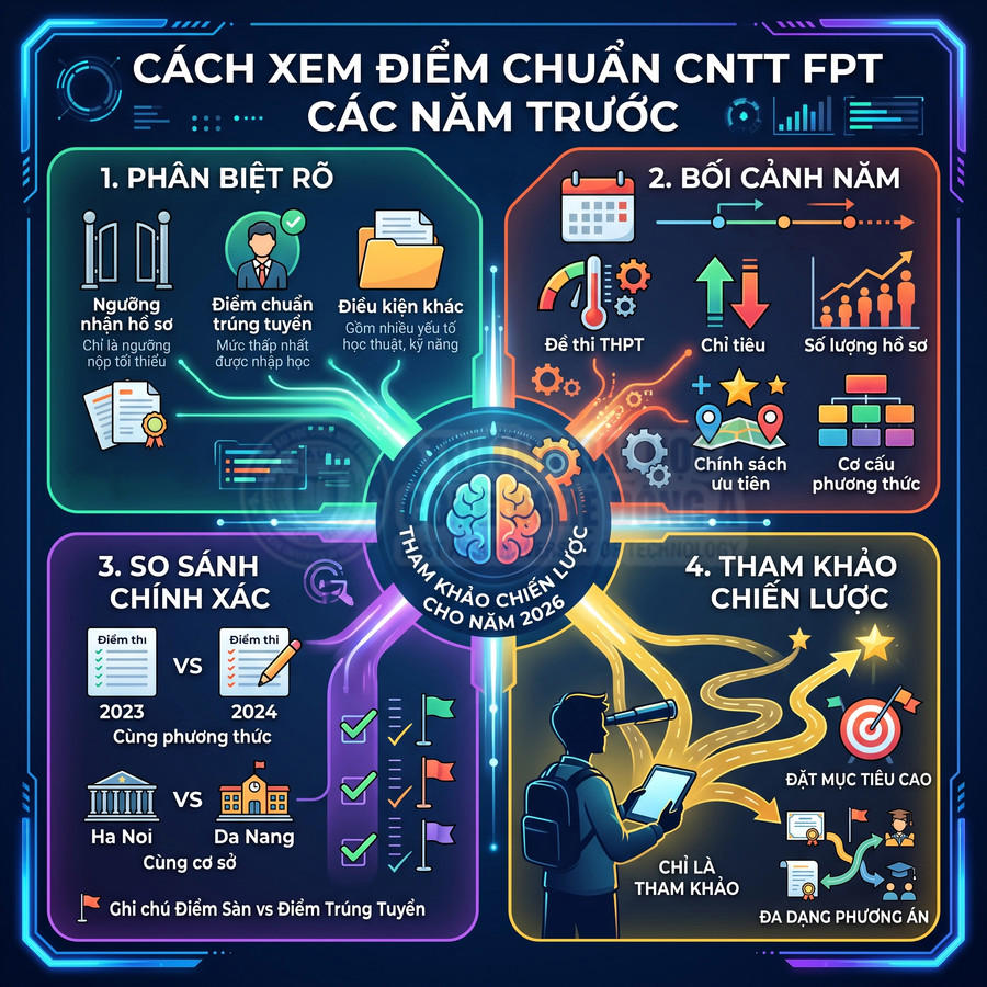 Infographic hướng dẫn xem điểm chuẩn ngành CNTT FPT các năm trước để tham khảo chiến lược xét tuyển 2026
