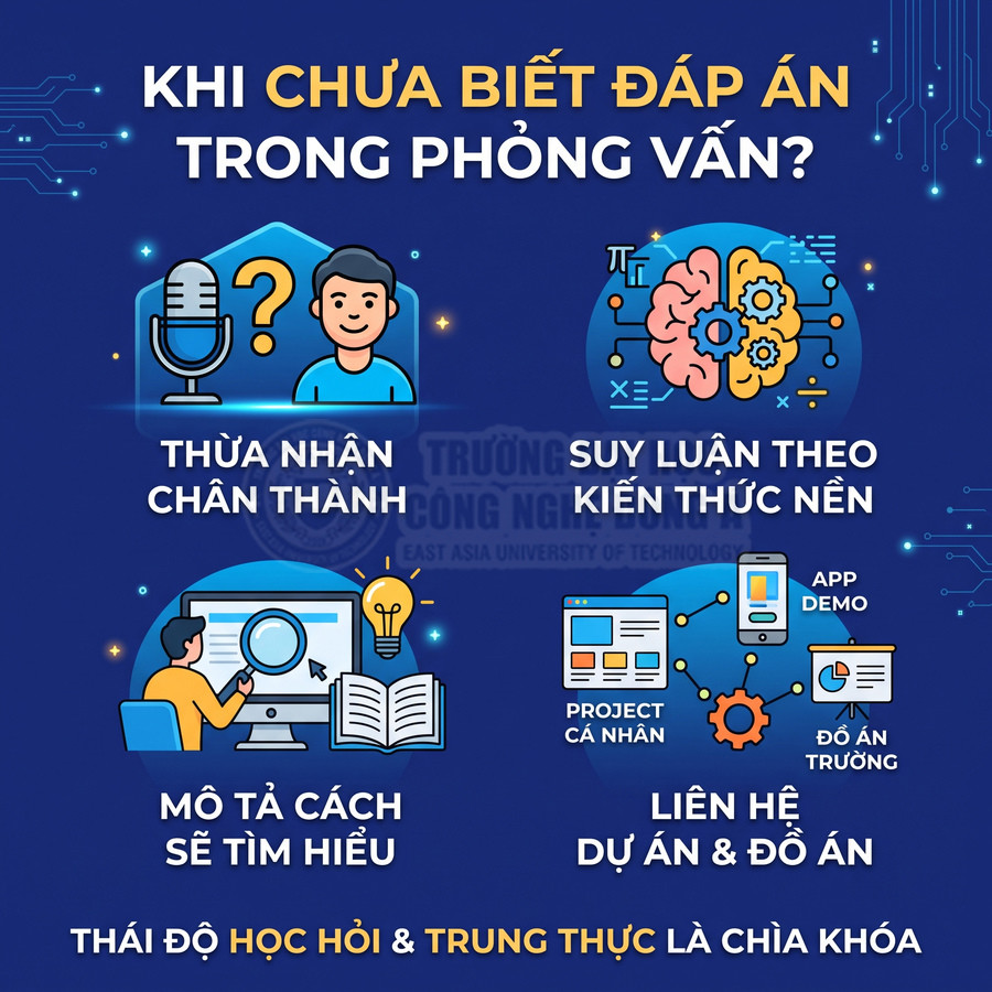 Infographic gợi ý cách xử lý khi không biết đáp án trong phỏng vấn, nhấn mạnh thái độ học hỏi và trung thực