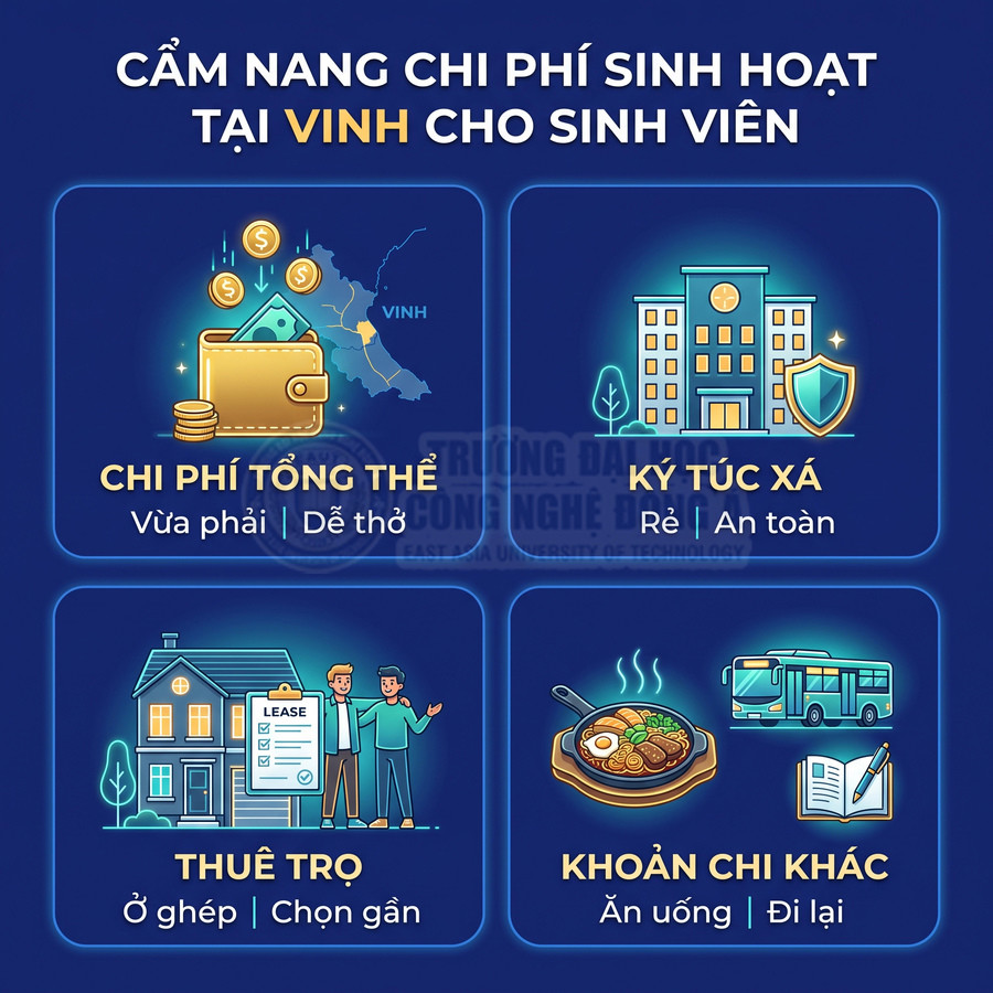 Cẩm nang chi phí sinh hoạt cho sinh viên tại Vinh gồm chi phí tổng thể, ký túc xá, thuê trọ và các khoản chi khác