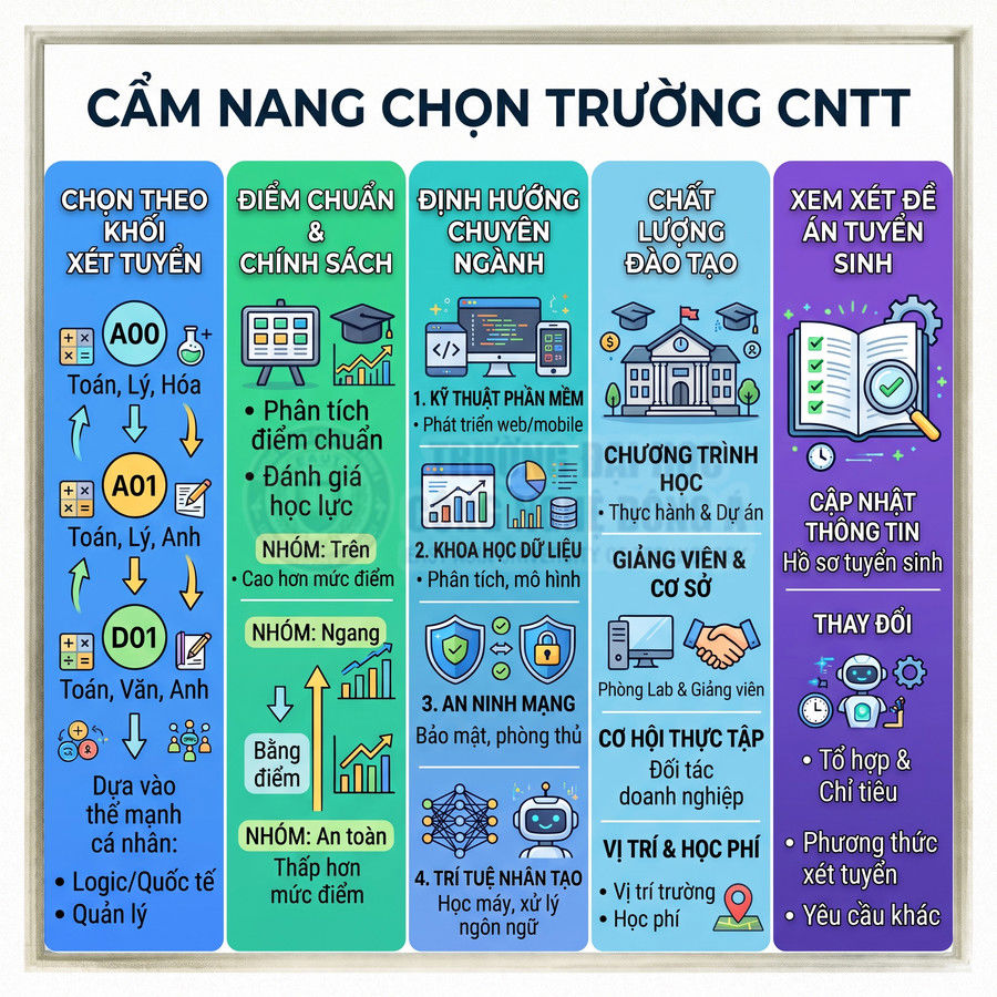 Cẩm nang chọn trường công nghệ thông tin với các tiêu chí khối xét tuyển, điểm chuẩn, chuyên ngành và chất lượng đào tạo