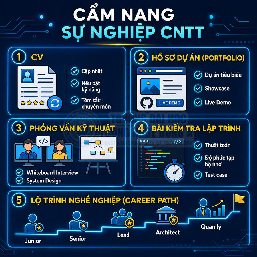 Cẩm nang sự nghiệp CNTT với các bước CV, hồ sơ dự án, phỏng vấn kỹ thuật, bài kiểm tra lập trình và lộ trình nghề nghiệp