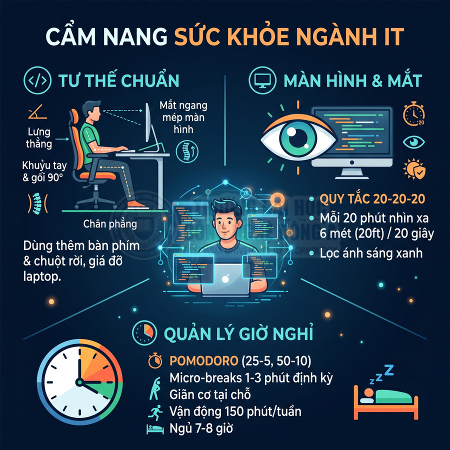 Infographic cẩm nang sức khỏe cho dân IT với tư thế ngồi đúng, bảo vệ mắt và quản lý giờ nghỉ khi làm việc máy tính