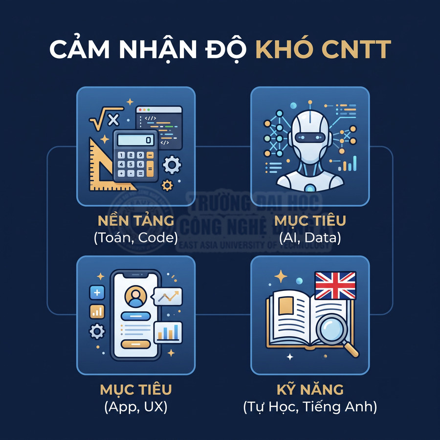 Infographic cảm nhận độ khó ngành CNTT với nền tảng toán code, mục tiêu AI data, app UX và kỹ năng tự học tiếng Anh