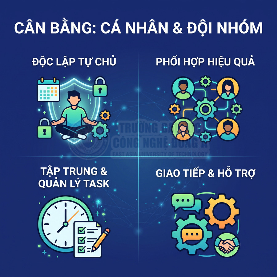 Minh họa cân bằng cá nhân và đội nhóm với các biểu tượng tự chủ, phối hợp, quản lý task, giao tiếp hỗ trợ