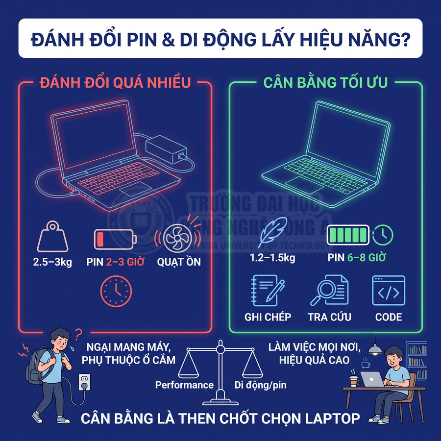 Infographic so sánh laptop hiệu năng cao pin yếu với laptop cân bằng pin 6–8 giờ cho nhu cầu học tập làm việc