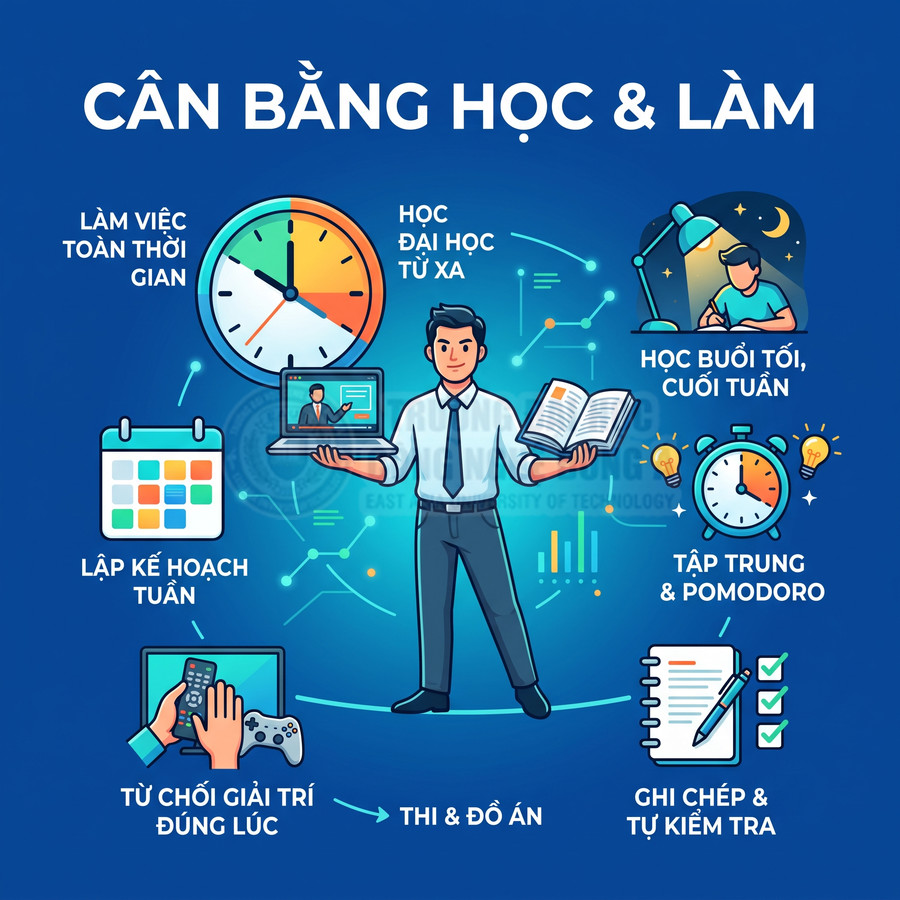Minh họa nam sinh viên cân bằng học và làm với lịch tuần, đồng hồ, laptop, sách vở và các mẹo quản lý thời gian