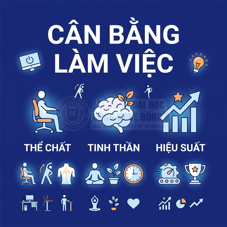 Minh họa cân bằng làm việc với biểu tượng thể chất tinh thần hiệu suất và các thói quen lành mạnh trong công việc