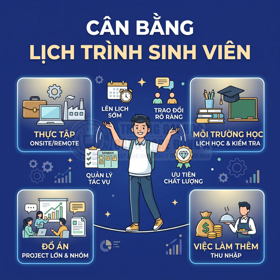 Infographic cân bằng lịch trình sinh viên với thực tập, môi trường học, đồ án và việc làm thêm