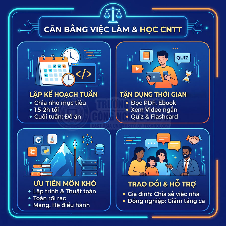Infographic cân bằng việc làm và học CNTT với mẹo lập kế hoạch tuần, tận dụng thời gian, ưu tiên môn khó, trao đổi hỗ trợ