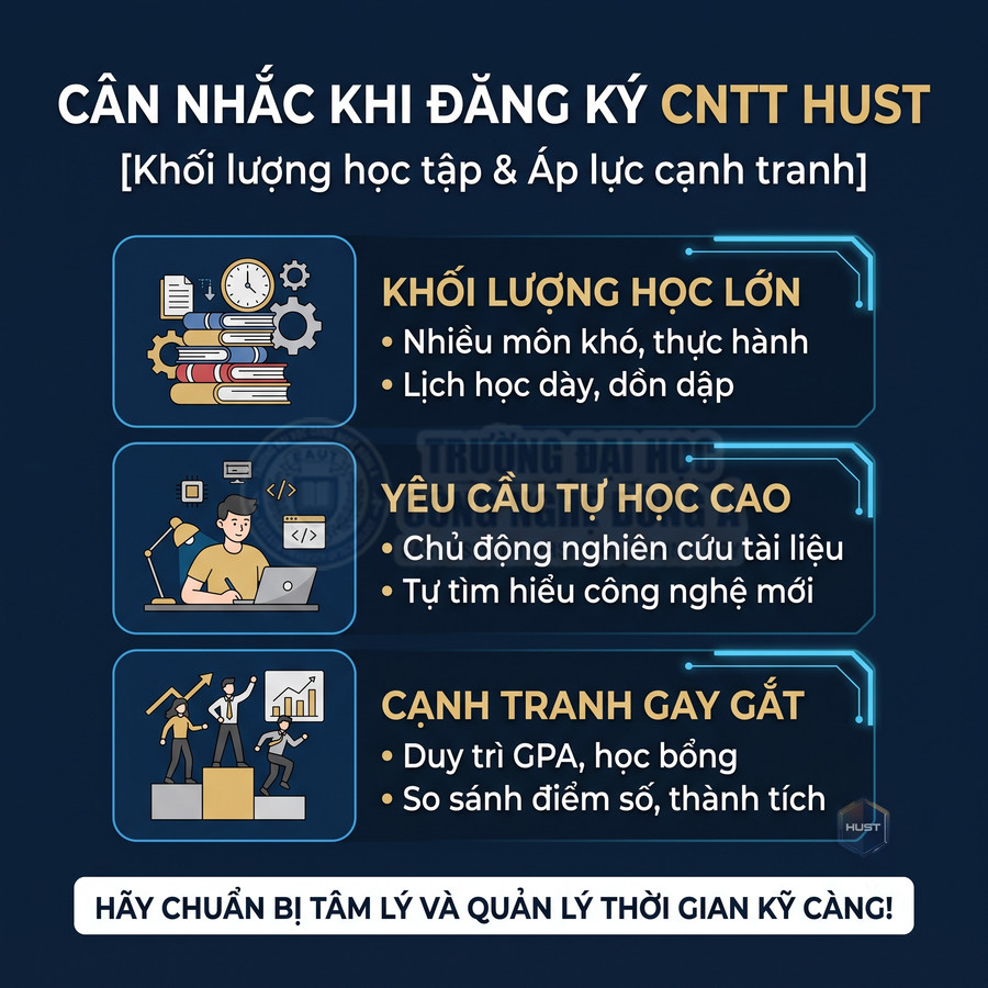 Infographic lưu ý khi đăng ký ngành CNTT HUST về khối lượng học lớn, yêu cầu tự học cao và áp lực cạnh tranh