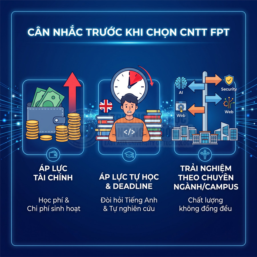Infographic các áp lực tài chính, tự học deadline và trải nghiệm ngành khi chọn học CNTT FPT