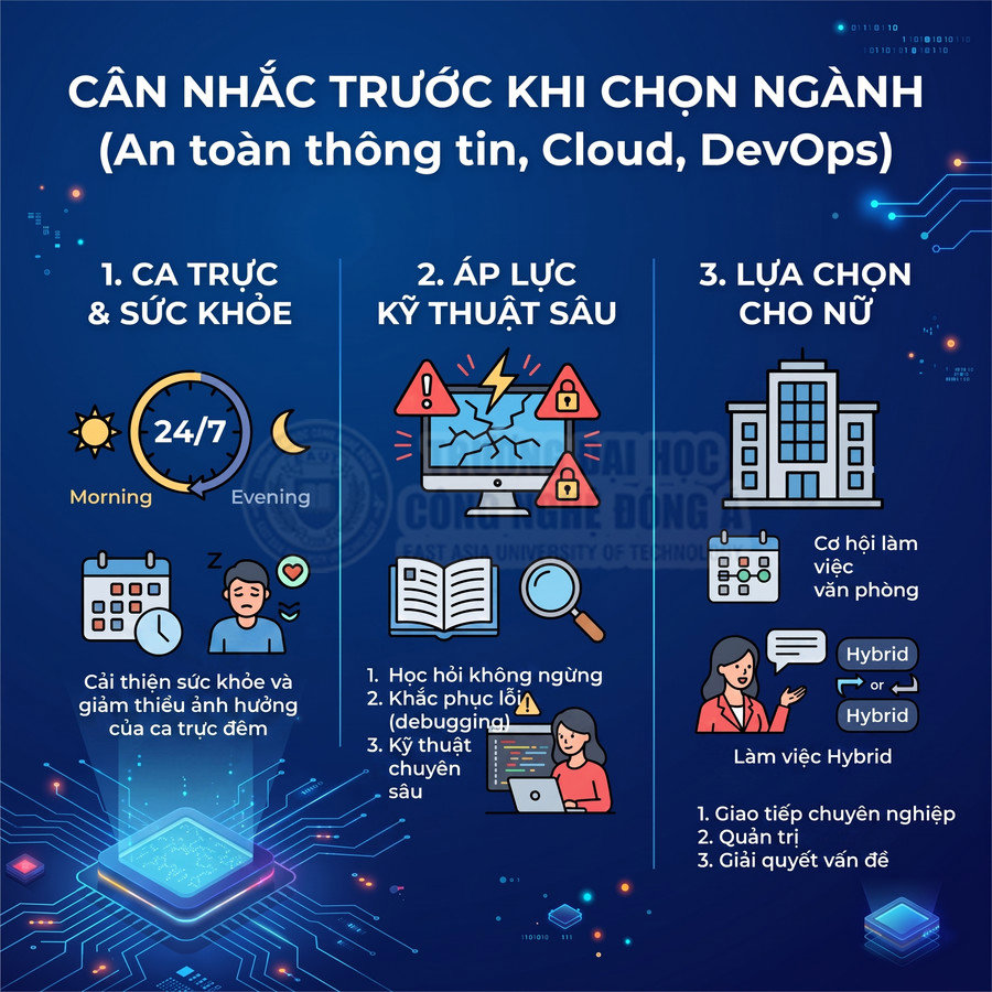 Infographic cân nhắc trước khi chọn ngành an toàn thông tin, Cloud, DevOps với các yếu tố ca trực, áp lực kỹ thuật, cơ hội cho nữ