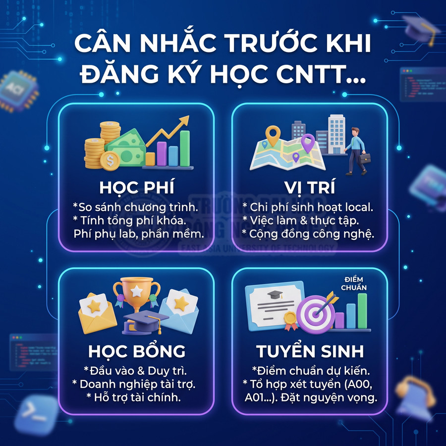 Các yếu tố cần cân nhắc trước khi đăng ký học ngành công nghệ thông tin: học phí, vị trí, học bổng, tuyển sinh
