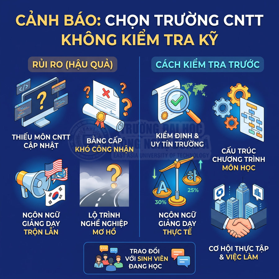 Infographic cảnh báo rủi ro khi chọn trường CNTT và hướng dẫn cách kiểm tra uy tín, chương trình học, cơ hội việc làm