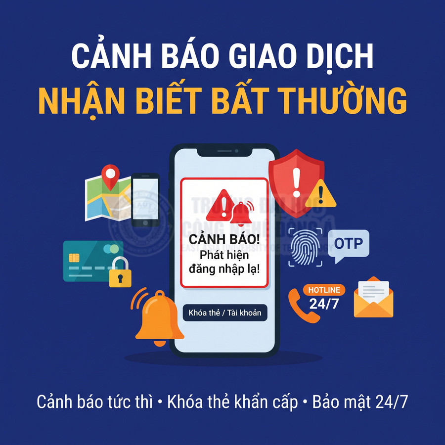Điện thoại hiển thị cảnh báo đăng nhập lạ, minh họa dịch vụ khóa thẻ khẩn cấp và bảo mật giao dịch 24/7