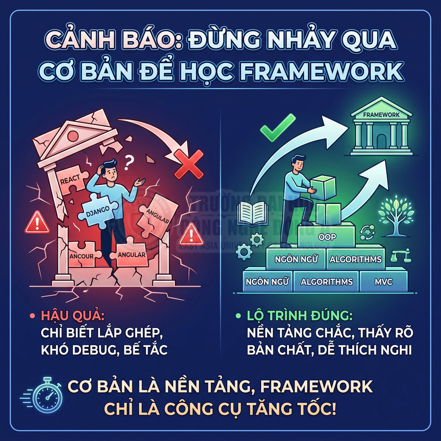 Infographic cảnh báo không bỏ qua kiến thức lập trình cơ bản trước khi học framework như React, Django, Angular