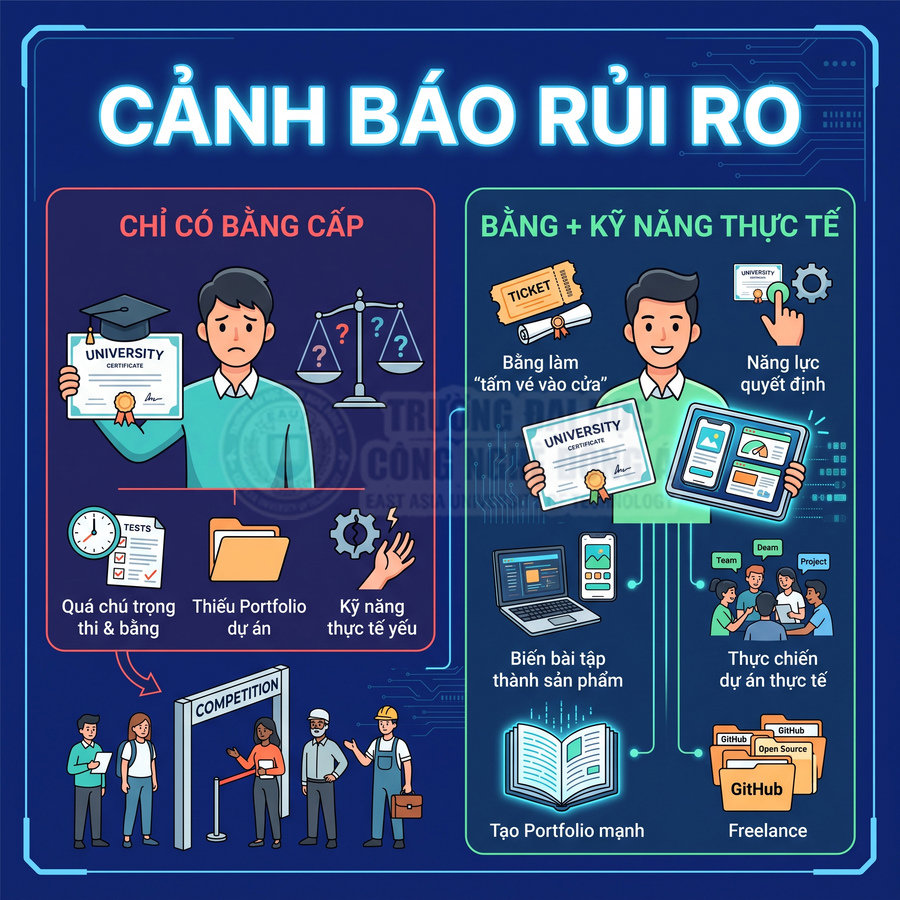 Infographic cảnh báo rủi ro khi chỉ có bằng cấp so với kết hợp bằng cấp và kỹ năng thực tế trong sự nghiệp