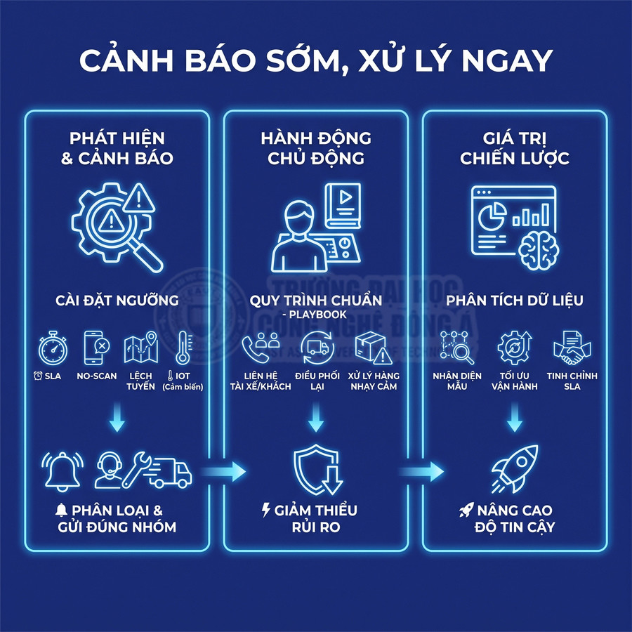 Infographic quy trình cảnh báo sớm, xử lý chủ động, phân tích dữ liệu và nâng cao độ tin cậy vận hành