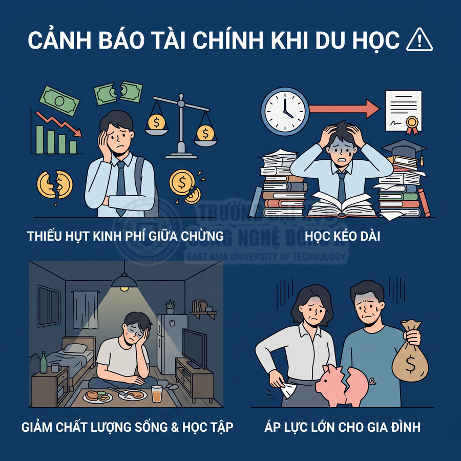 Infographic cảnh báo rủi ro tài chính khi du học như thiếu kinh phí, học kéo dài, giảm chất lượng sống và áp lực gia đình