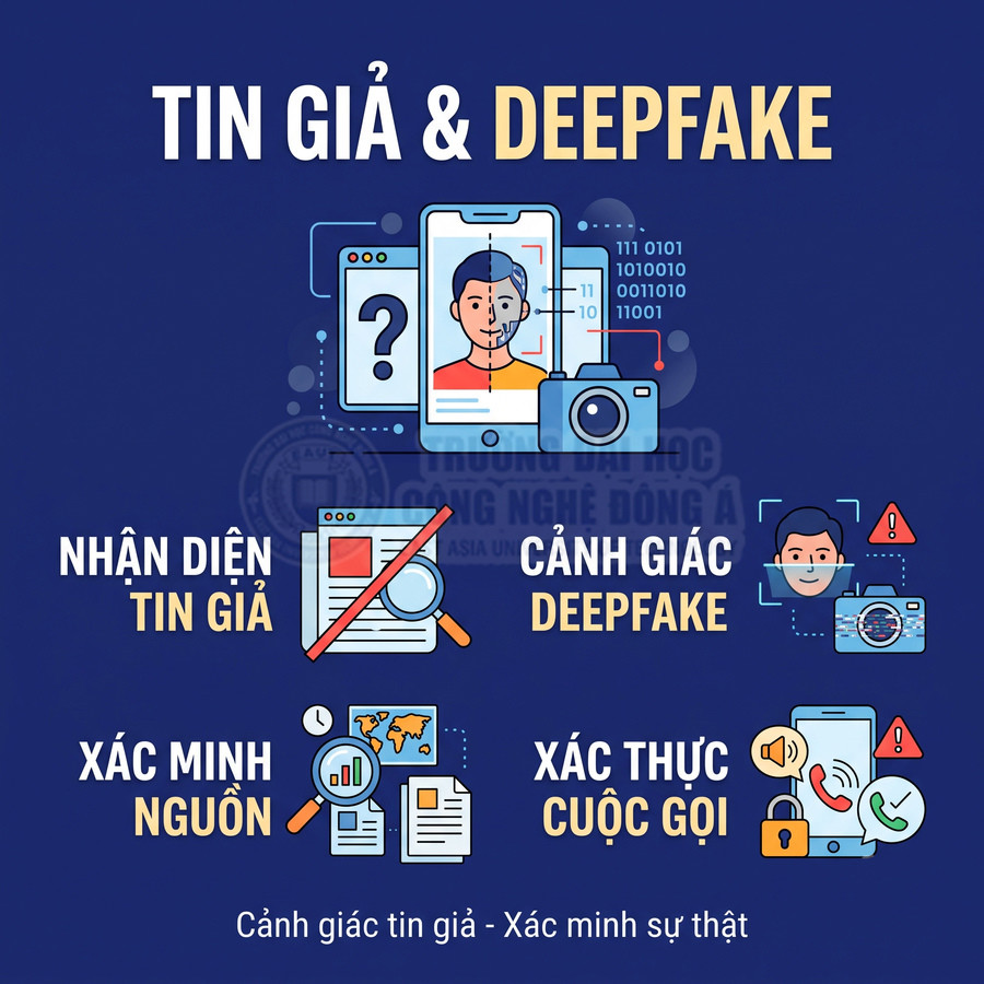 Hình minh họa nhận diện tin giả và cảnh giác deepfake, xác minh nguồn tin và cuộc gọi giả mạo