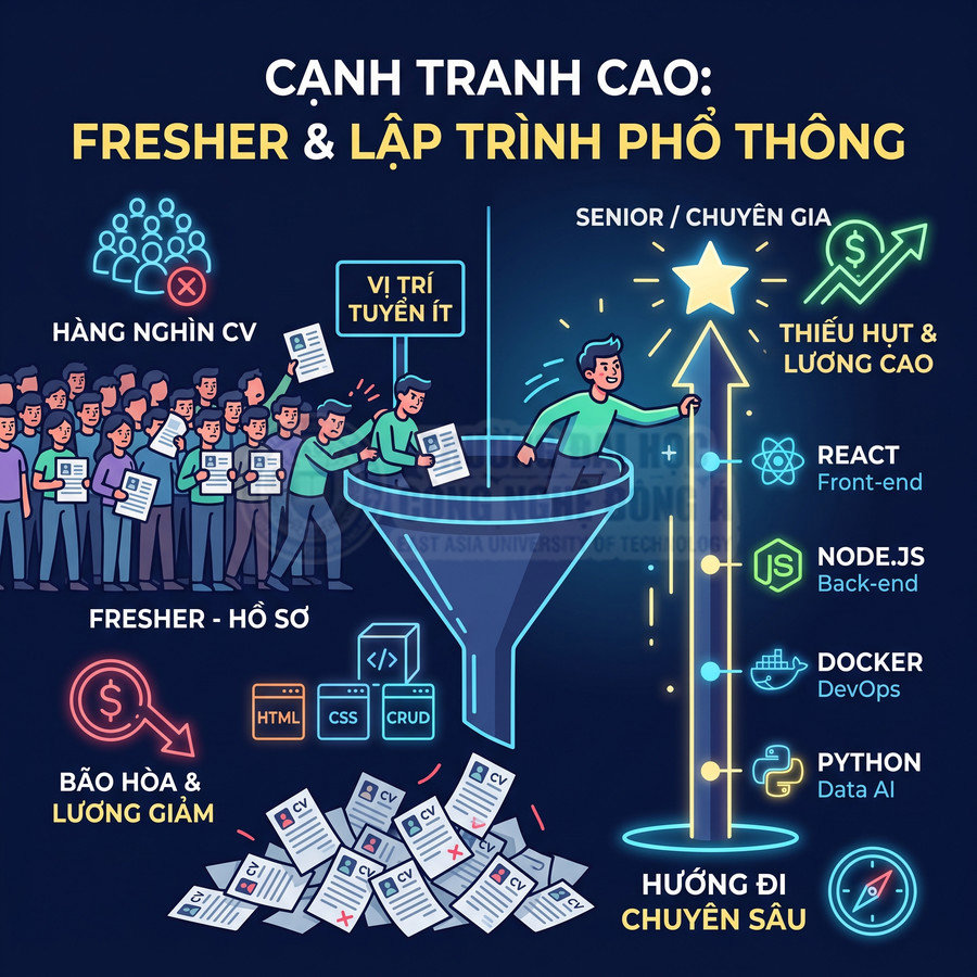 Minh họa cạnh tranh fresher lập trình và lộ trình chuyên sâu React NodeJS Docker Python lương cao