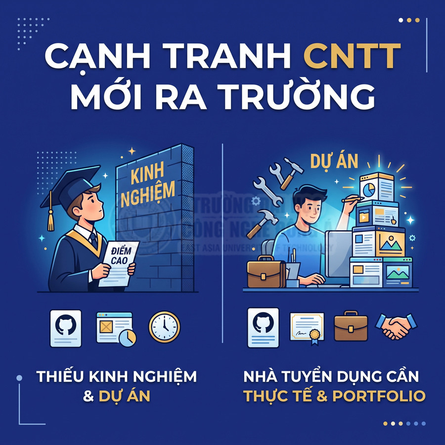 Minh họa sinh viên CNTT mới ra trường thiếu kinh nghiệm so với yêu cầu dự án và portfolio của nhà tuyển dụng