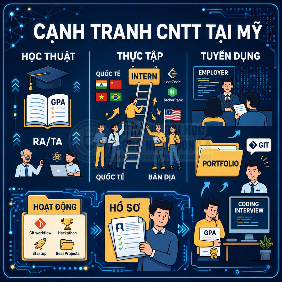 Infographic cạnh tranh ngành CNTT tại Mỹ với học thuật, thực tập, tuyển dụng, hoạt động và hồ sơ lập trình viên