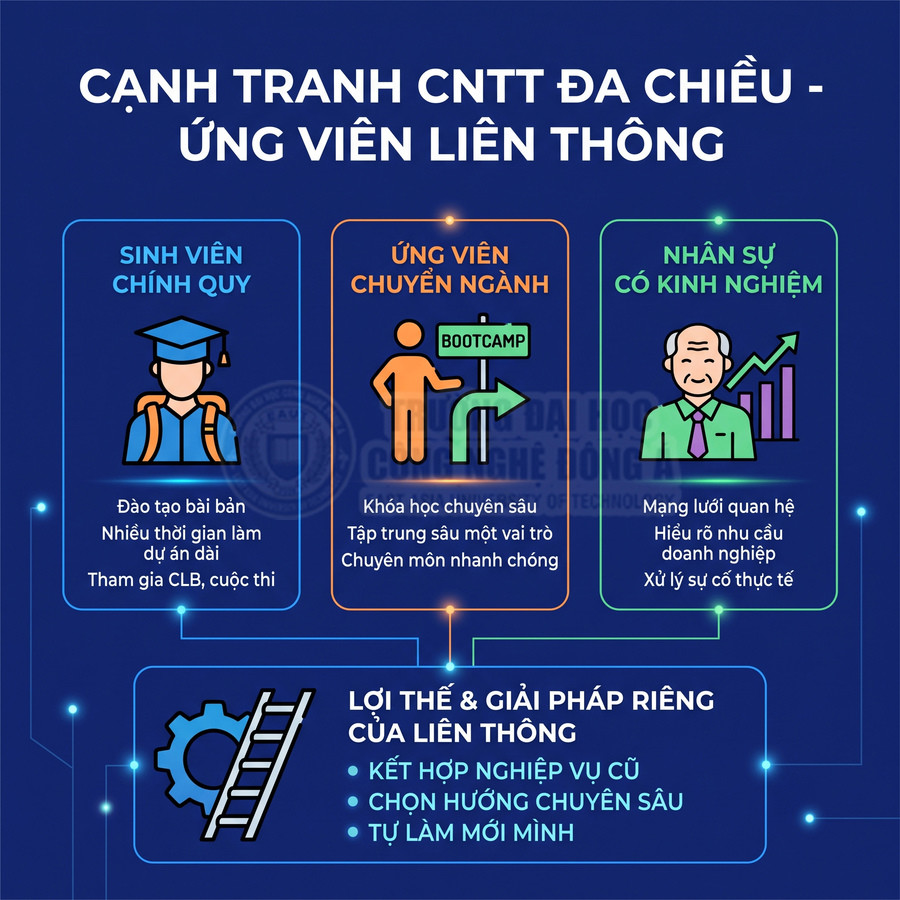 Infographic chương trình liên thông CNTT cho sinh viên chính quy, ứng viên chuyển ngành và nhân sự có kinh nghiệm