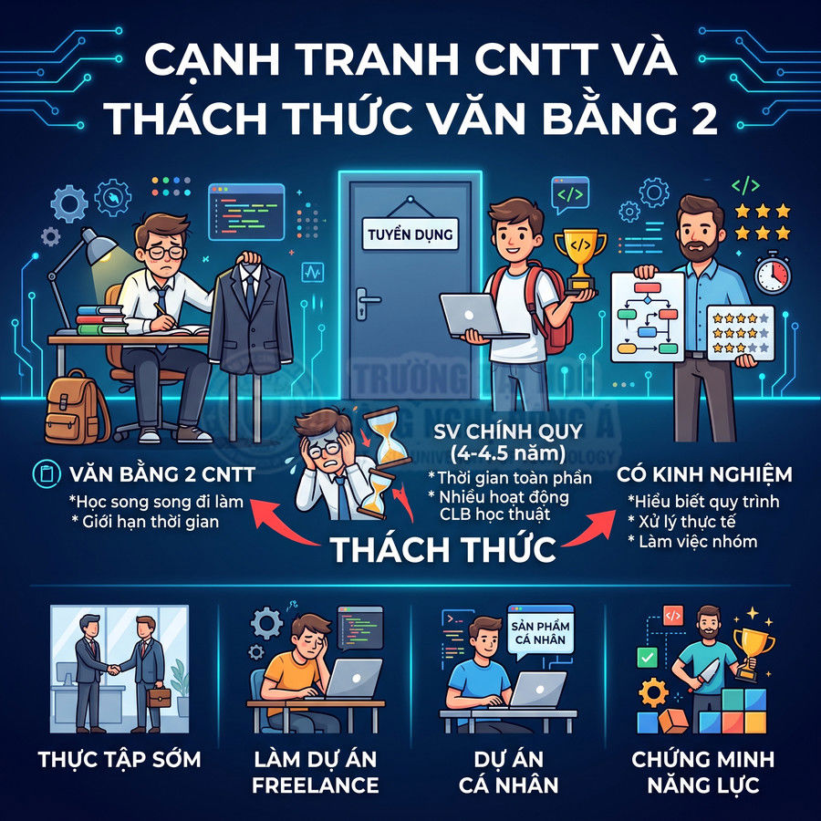 Infographic cạnh tranh ngành CNTT giữa sinh viên văn bằng 2, sinh viên chính quy và người có kinh nghiệm