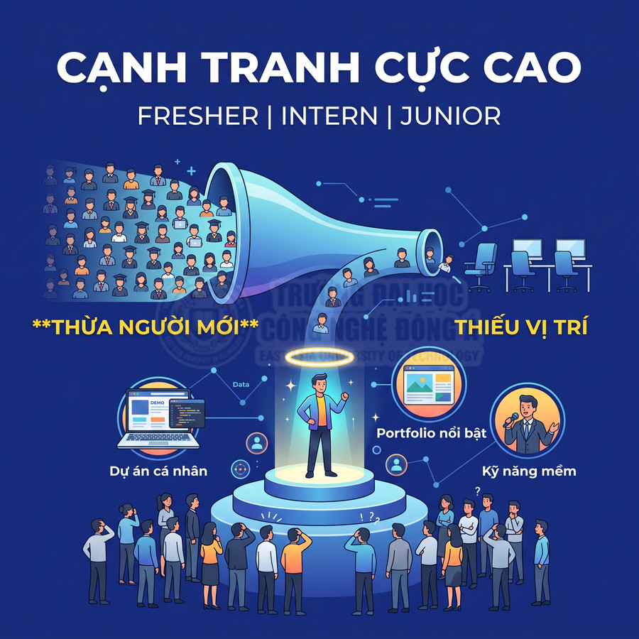 Minh họa cạnh tranh việc làm fresher intern junior với nhiều ứng viên và yêu cầu dự án cá nhân portfolio kỹ năng mềm