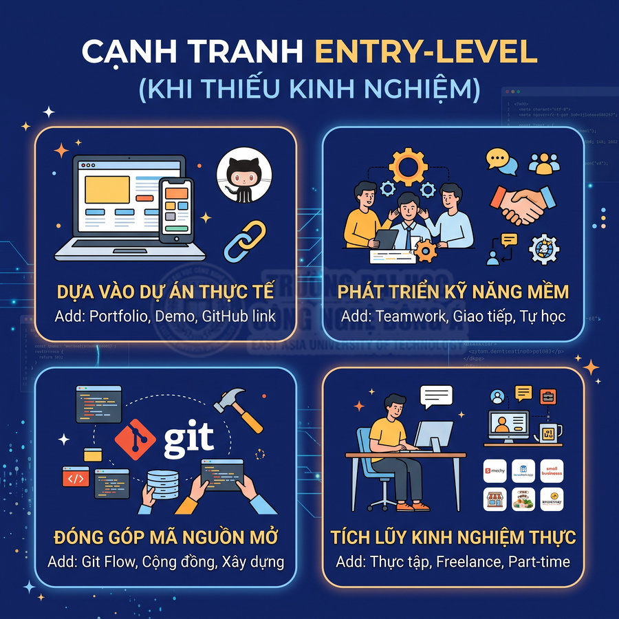 Infographic hướng dẫn cạnh tranh vị trí entry level cho lập trình viên thiếu kinh nghiệm bằng dự án, kỹ năng mềm, Git và thực tập