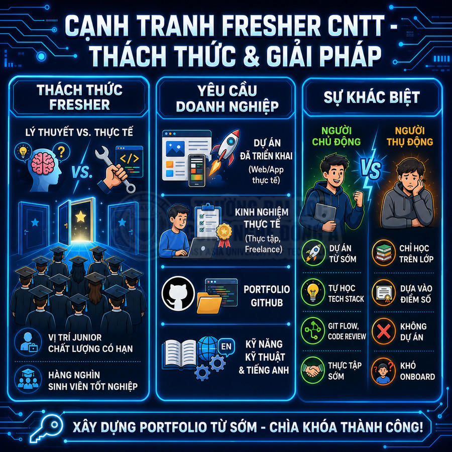 Infographic cạnh tranh fresher CNTT, nêu thách thức, yêu cầu doanh nghiệp và giải pháp xây dựng portfolio sớm