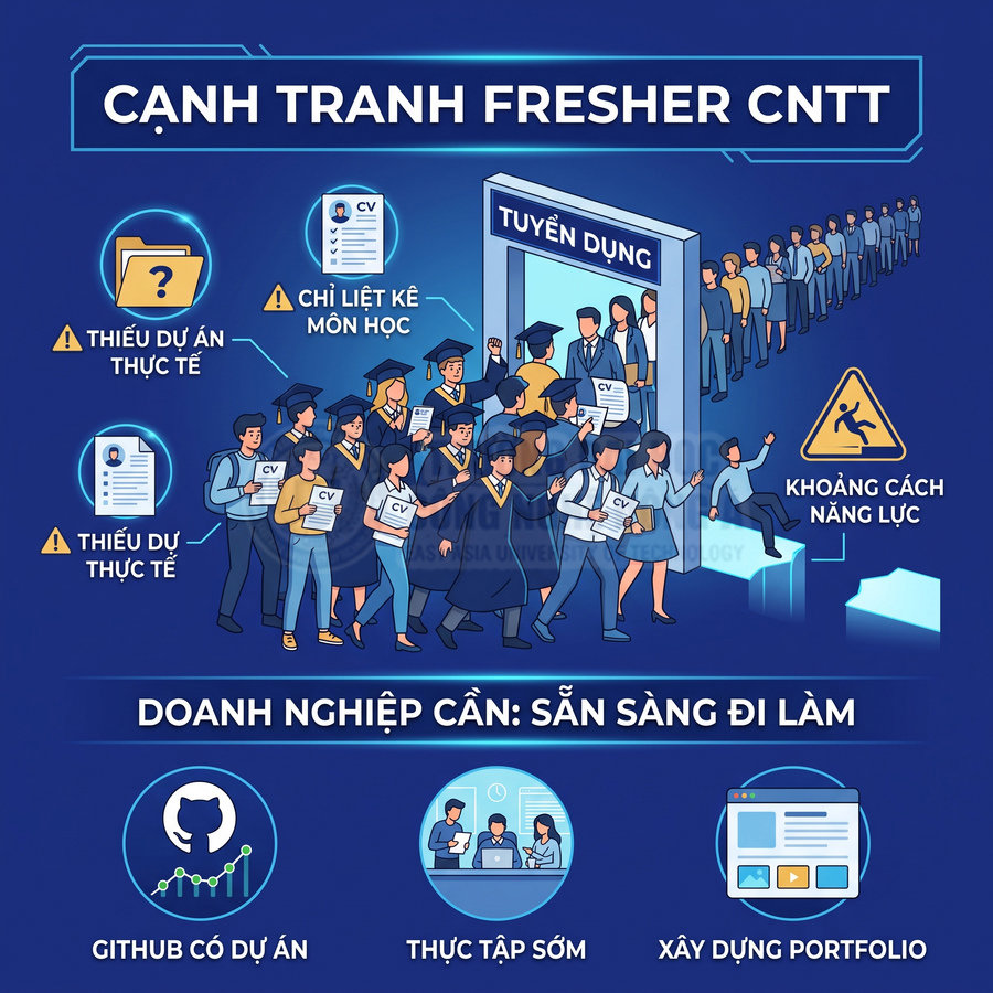 Infographic cạnh tranh fresher CNTT, nhấn mạnh thiếu dự án thực tế và kỹ năng, gợi ý thực tập sớm và xây portfolio