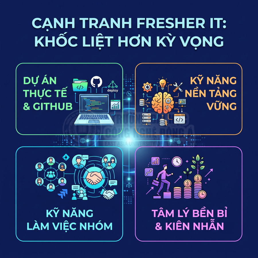 Infographic kỹ năng cần có cho fresher IT gồm dự án thực tế, kỹ năng nền tảng, làm việc nhóm và tâm lý bền bỉ